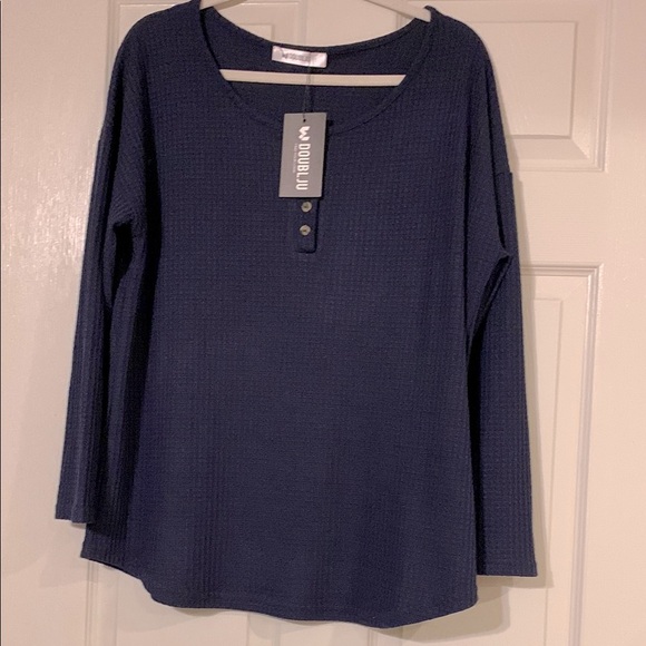 Doublju Deep Blue Waffle Buttoned Blouse NWT Small - Picture 1 of 4